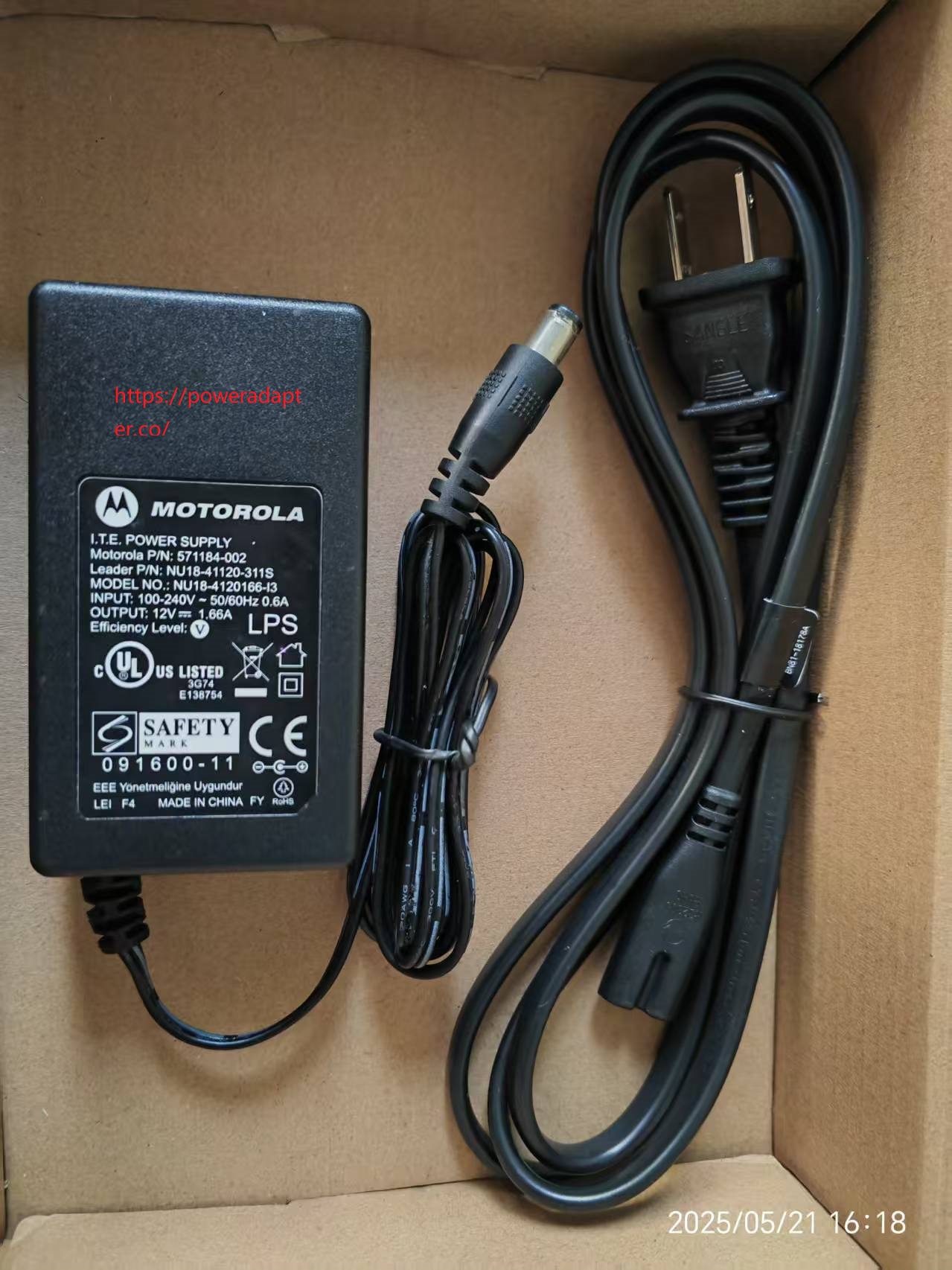 NEW MOTOROLA NU18-41120166-I3 AC ADAPTER 12VDC 1.66A -(+) 3x6.5